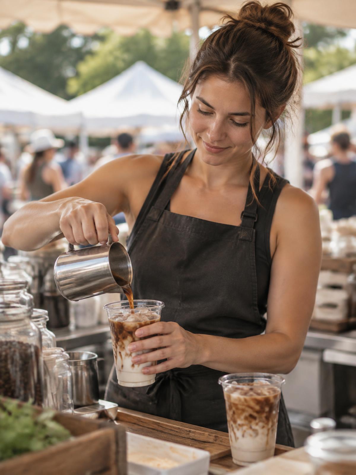 Vendor preparing drinks at a community market